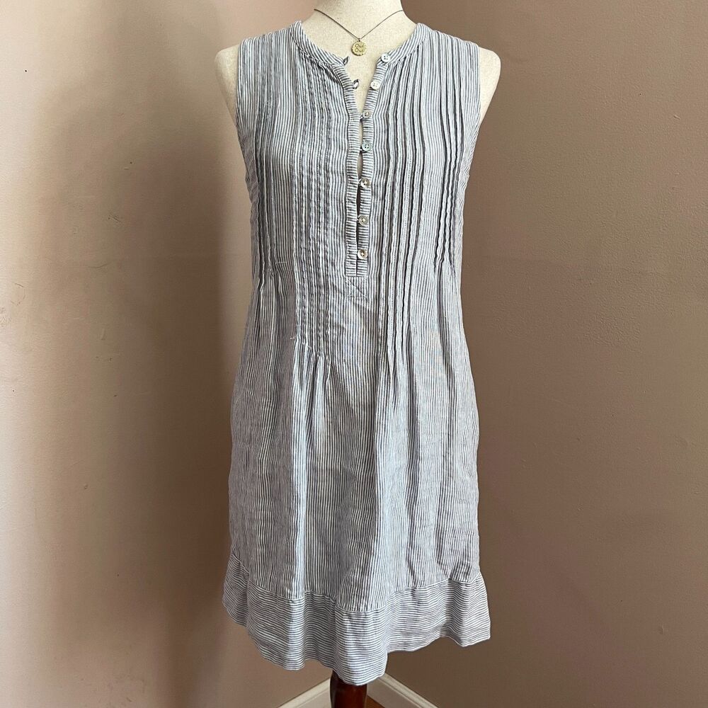 Faherty Isha Basketweave Blue White Stripe Linen Sleeveless Shift Dress Size S